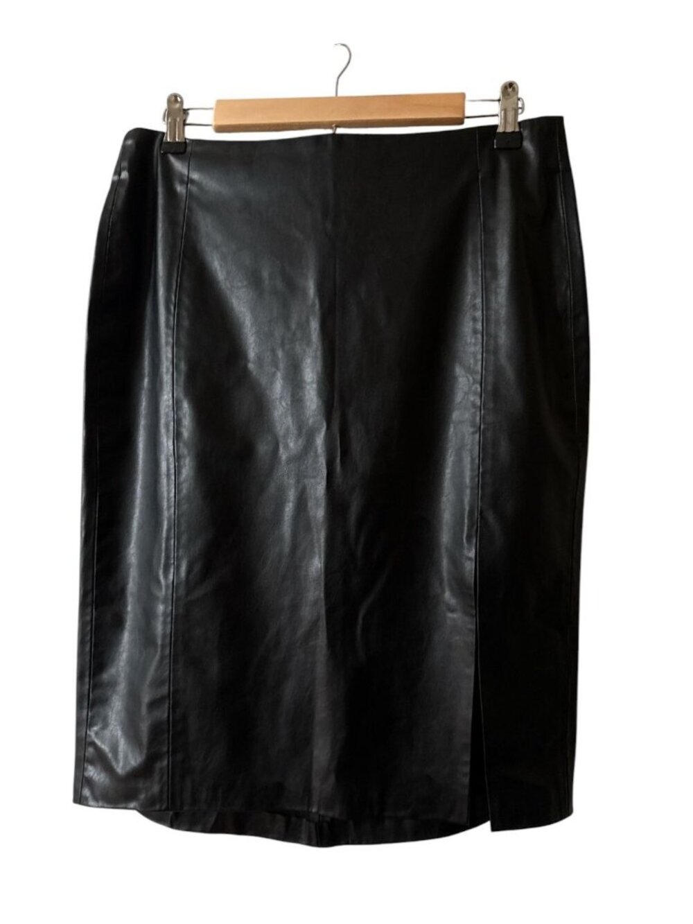 Zara Faux Leather Black Pencil Skirt Front Slit Rear Zipper Size Large